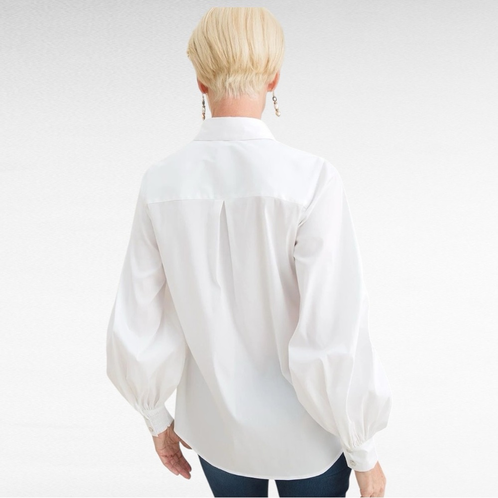 Chico’s | Crisp White Elegant Point Collar Long Puffed Sleeve Button Down Shirt - Picture 2 of 4